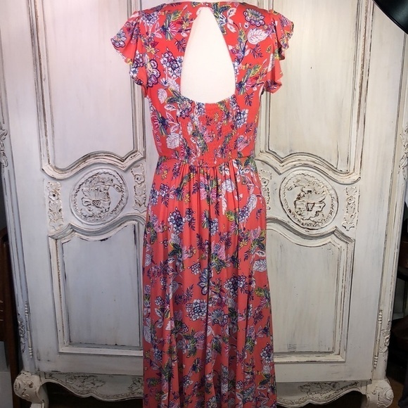 Scoop Lovely Feminine V Neck Button Front Ruffle Sleeve Back Cutout Maxi Dress - Picture 7 of 13